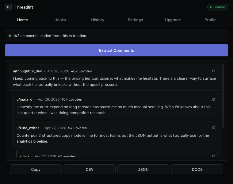 Reddit Comment Exporter showing extracted r/SaaS comments
